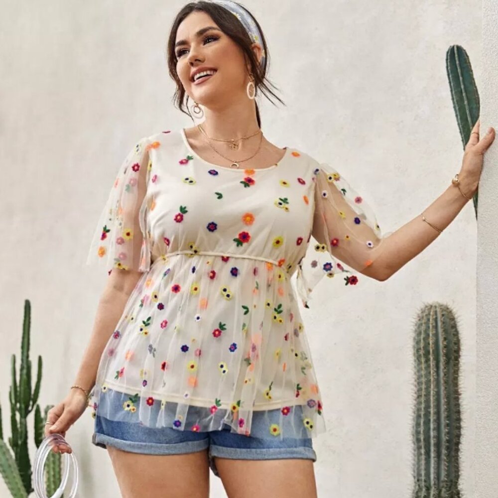 Shein Curve Plus Size Floral Embroidery Mesh Blouse